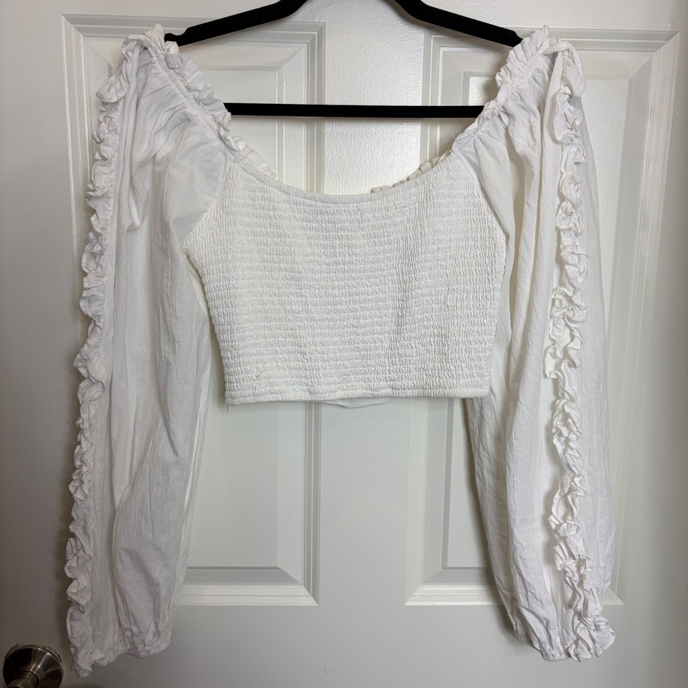 Coquette White Ruffle Long Sleeve Smocked Crop Top Sweetheart Neck S - Picture 5 of 7